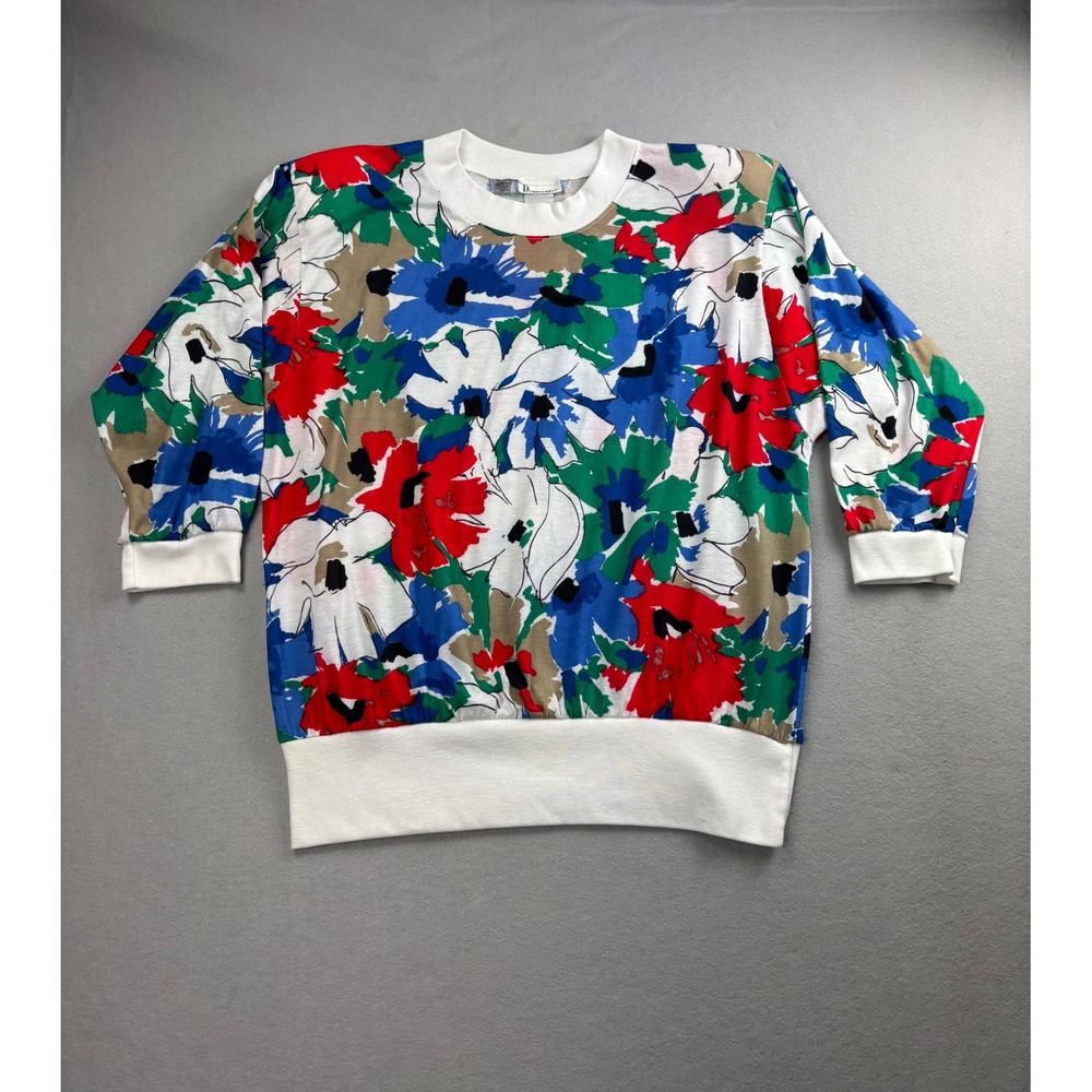 Vintage 80s Donnkenny Bold Floral Cuffed Hem Top Abstract Banded Blouse